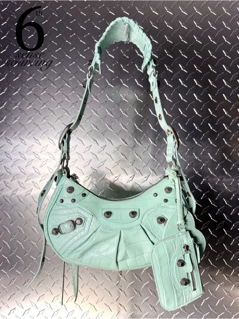 Balenciaga Supple Calfskin Croc Embossed Le Cagole Shoulder Bag in Green Aqua - Picture 1 of 11